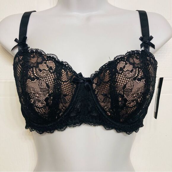 Frederick's Of Hollywood‎ Cynthia Lined Black Lace Balconette Bra Size 34DD NEW - Picture 1 of 13